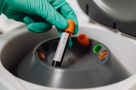 A medical professional holds a blood vial ready for centrifuge in a lab setting.