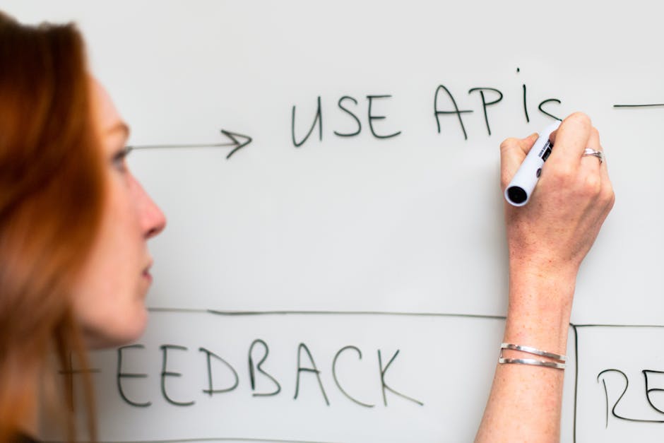 a woman writes use apis on a whiteboard focusing on software